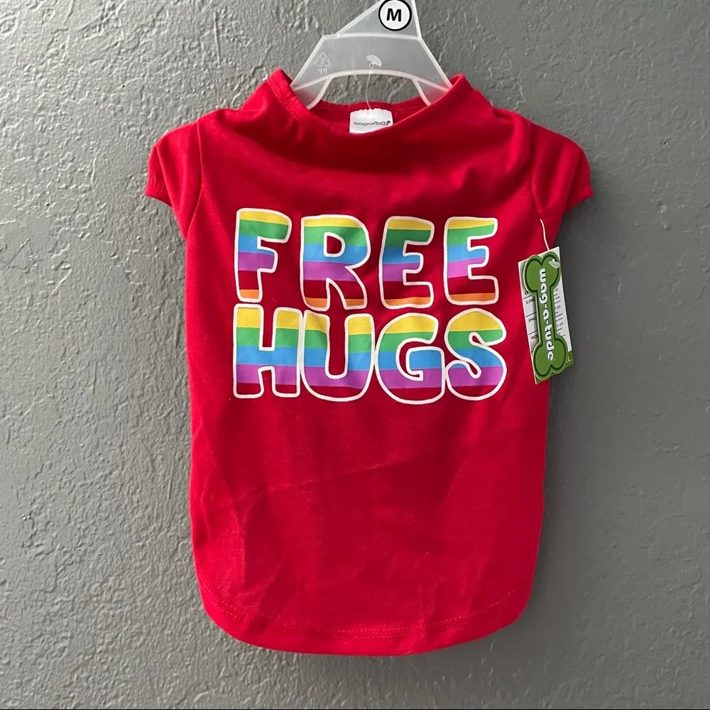 Free Hugs Pet Top Red with Rainbow lettering